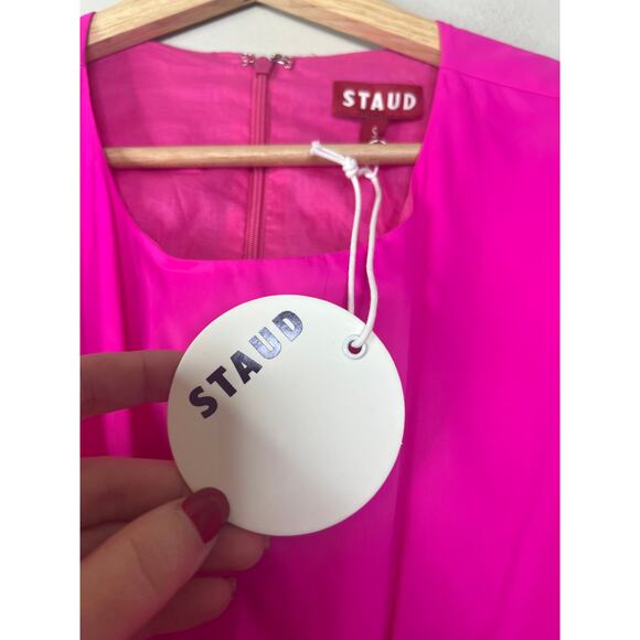 NWT Staud Calypso Cut-Out A-Line Puff Sleeve Zip Maxi Dress Bougainvillea Pink - Picture 4 of 9